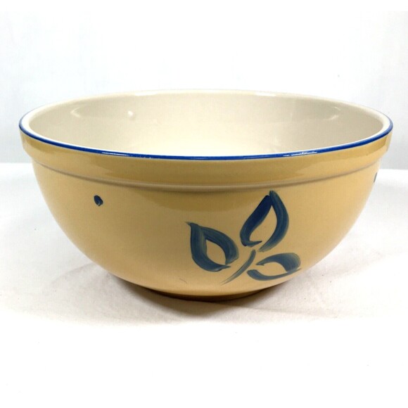 Vtg Yellow Ware Ceramic Blue Floral Leaf 8.5" Mixing Bowl Serving Farm Décor 452 - Picture 5 of 11